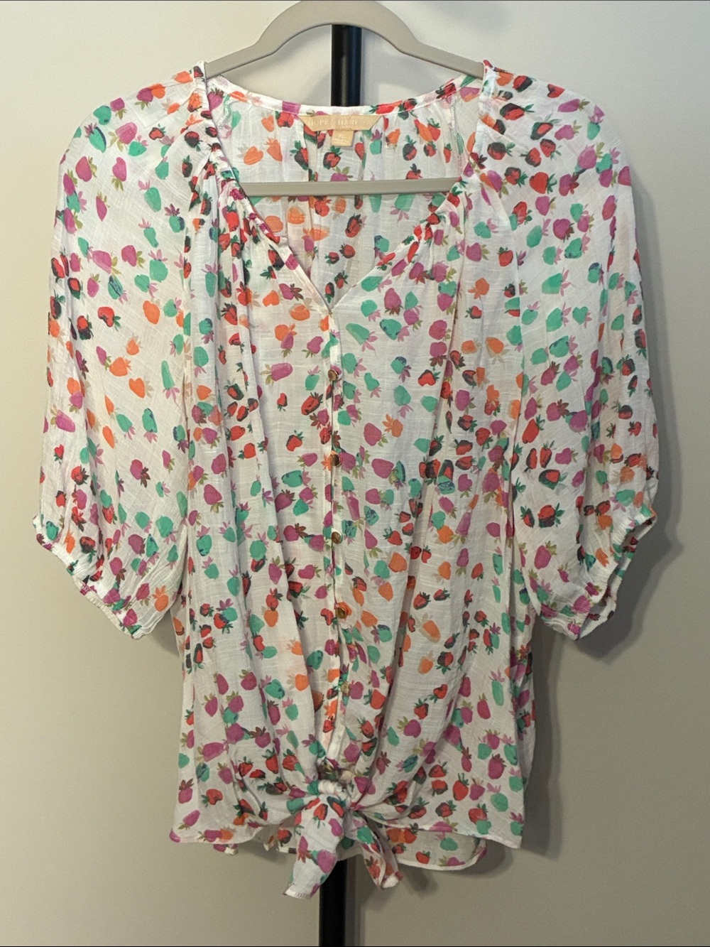 Hope & Harlow Fruit Print Tuck or Tie Front Blouse in White Red Pink & Mint XL